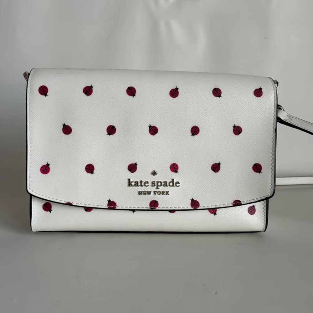 Kate Spade Ladybug Print Crossbody Bag White Saffiano Leather Chain Strap Purse